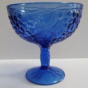 VTG Blue Glass Compote Grapevine Embossed Pressed Glass Design Cobalt Farmhouse